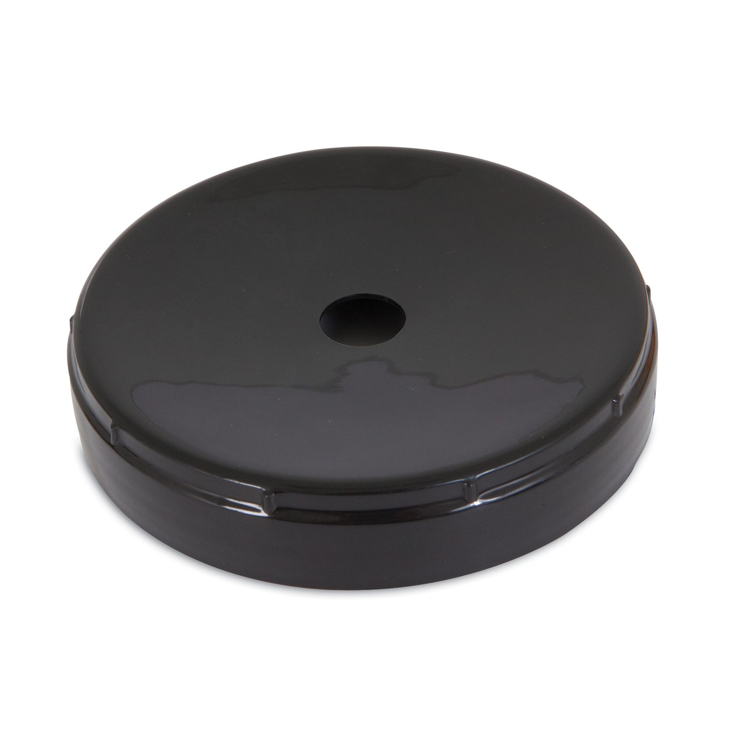 A black plastic replacement cap for the large Aspen Pet LeBistro gravity waterer is pictured with a small central hole, shown against a white background.