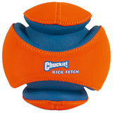 A close-up of the interactive orange and blue Chuckit! Kick Fetch Dog Toy shows its unique grip-friendly shape. Chuckit and Kick Fetch are emblazoned on the side, making it ideal for outdoor dog games.