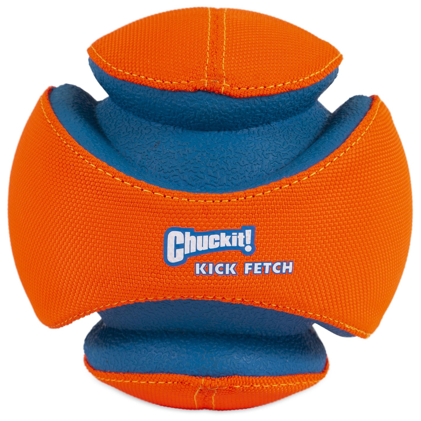 A close-up of the interactive orange and blue Chuckit! Kick Fetch Dog Toy shows its unique grip-friendly shape. Chuckit and Kick Fetch are emblazoned on the side, making it ideal for outdoor dog games.