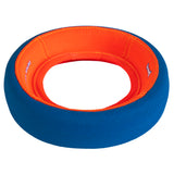 Meet the Chuckit! Fetch Wheel Dog Toy by Chuckit, featuring a bright blue textured exterior and an orange interior. Its durable donut-like shape with a hollow center ensures endless fun, making it perfect for playful pets and their owners.