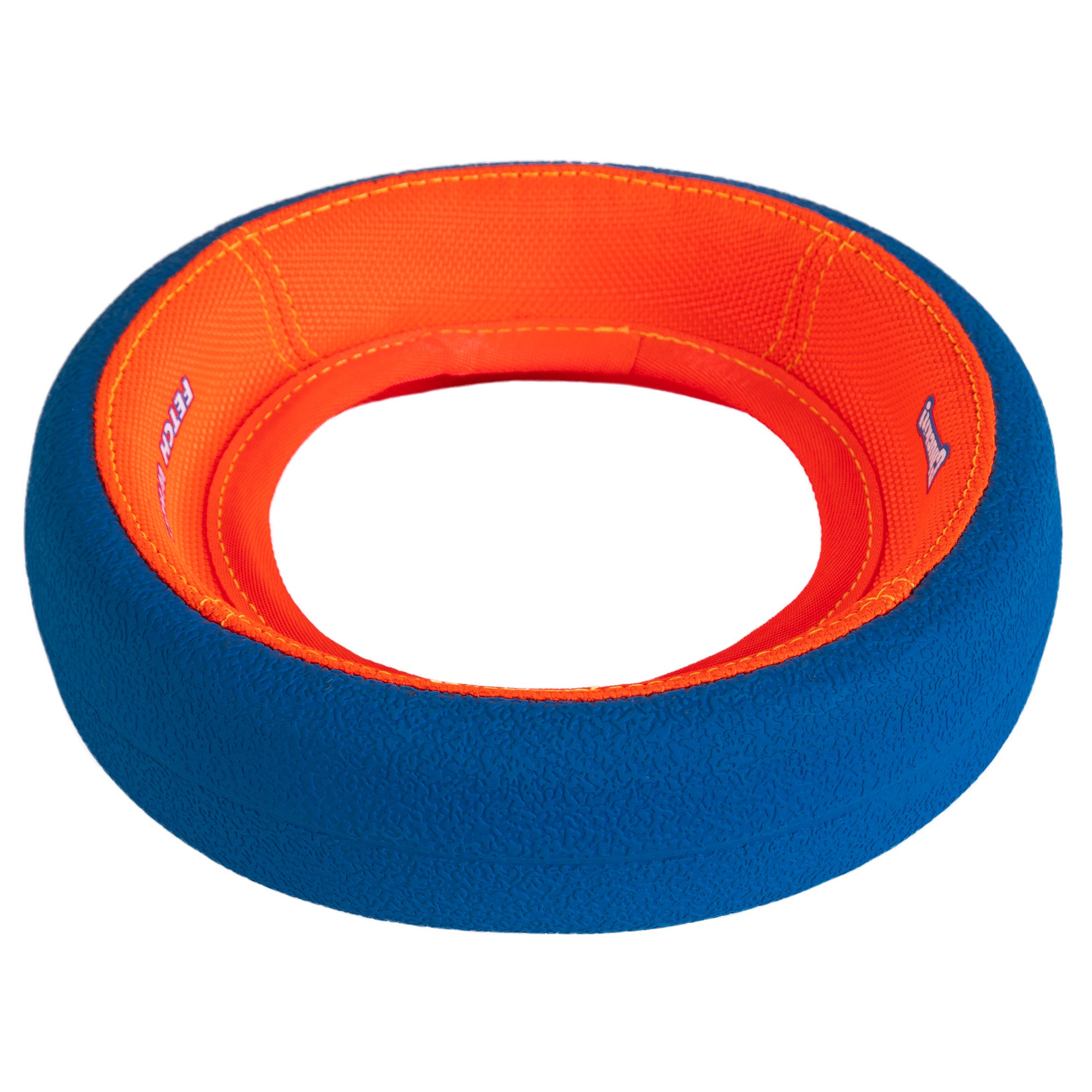 Meet the Chuckit! Fetch Wheel Dog Toy by Chuckit, featuring a bright blue textured exterior and an orange interior. Its durable donut-like shape with a hollow center ensures endless fun, making it perfect for playful pets and their owners.