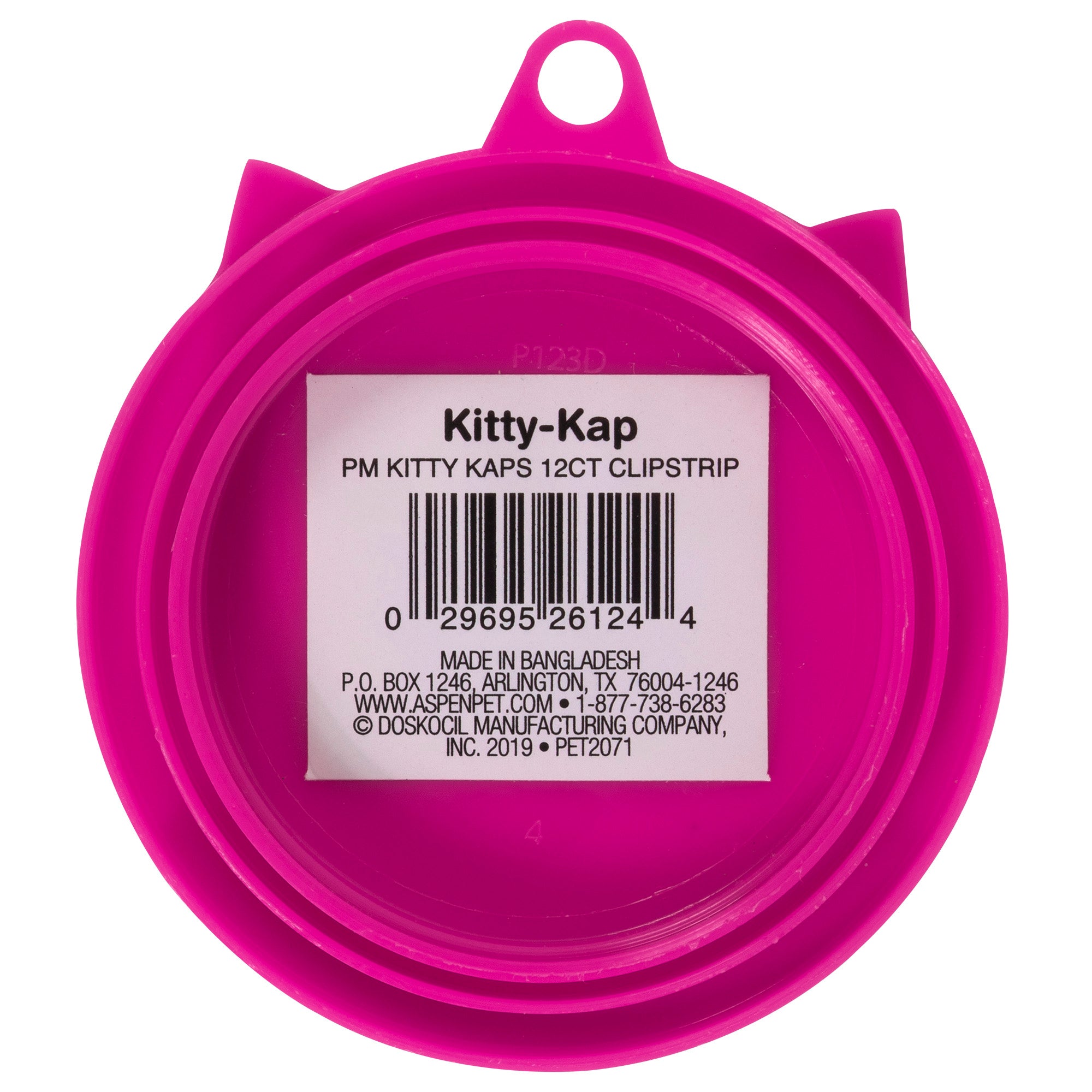 The Petmate Kitty Kaps Pet Food Can Topper is a pink plastic cap with a center barcode and label. It is perfect for keeping pet food fresh. The label displays manufacturing details, brand name, contact info, and states Made in Bangladesh. A top loop allows for easy hanging.