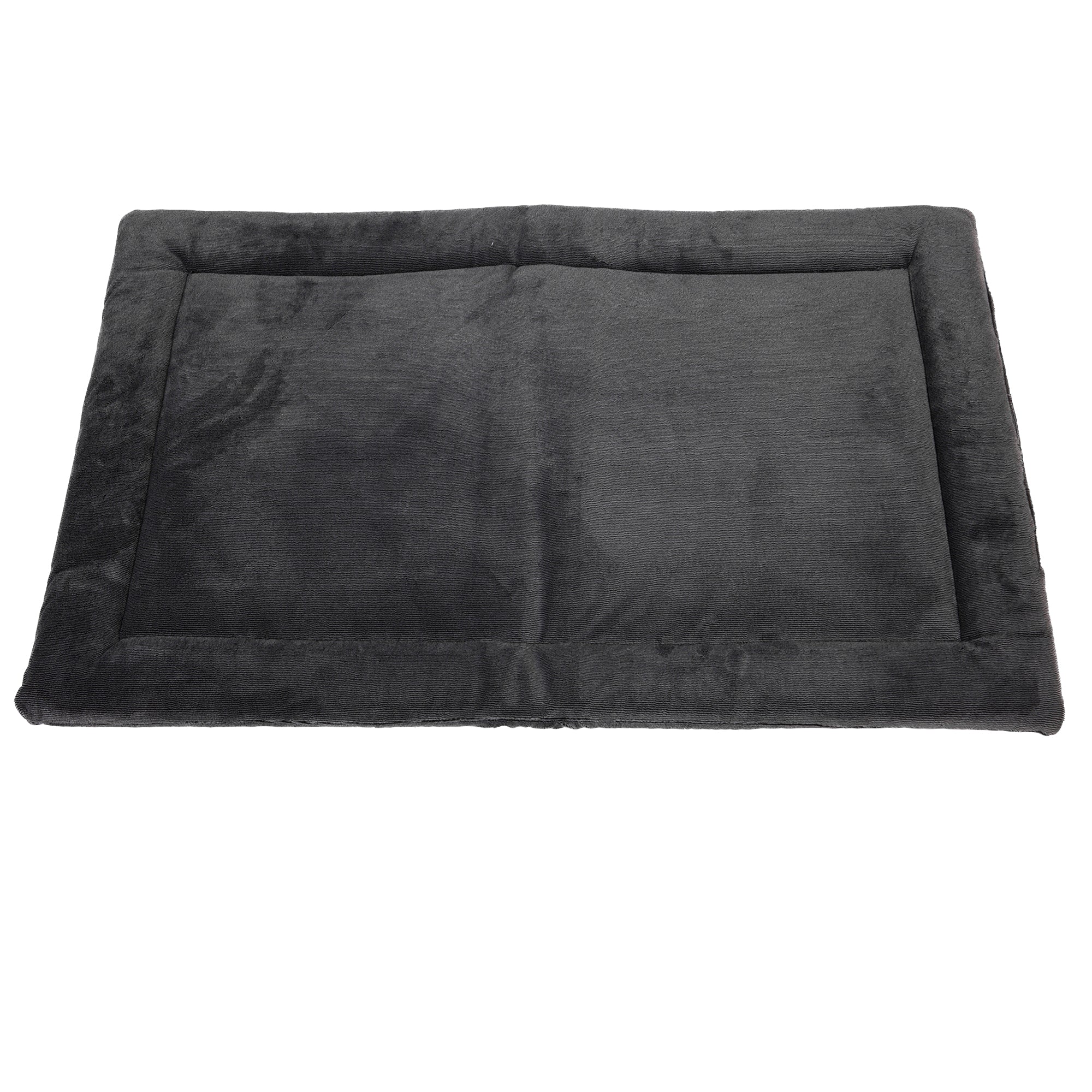 The Petmate Kennel Mat by Petmate is a rectangular, dark grey pet bed with a soft velvety texture and non-skid bottom, featuring a raised border and plush flat center like a mattress, ensuring it offers comfort for small to medium-sized pets while staying in place.