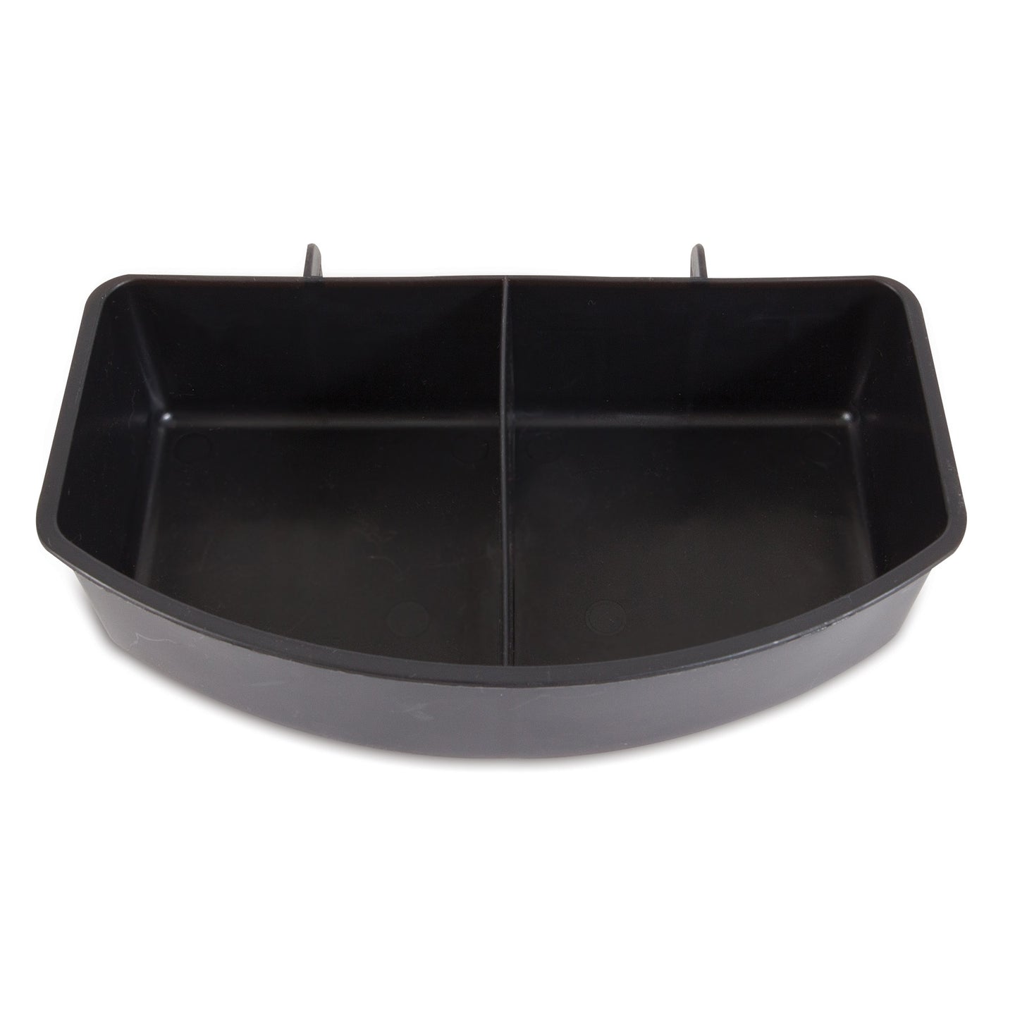 The Petmate Double Water Cup For Kennel is a black, rectangular, plastic bin with two compartments, hooks at the top for hanging or attachment, ensuring secure and spill-free travel.