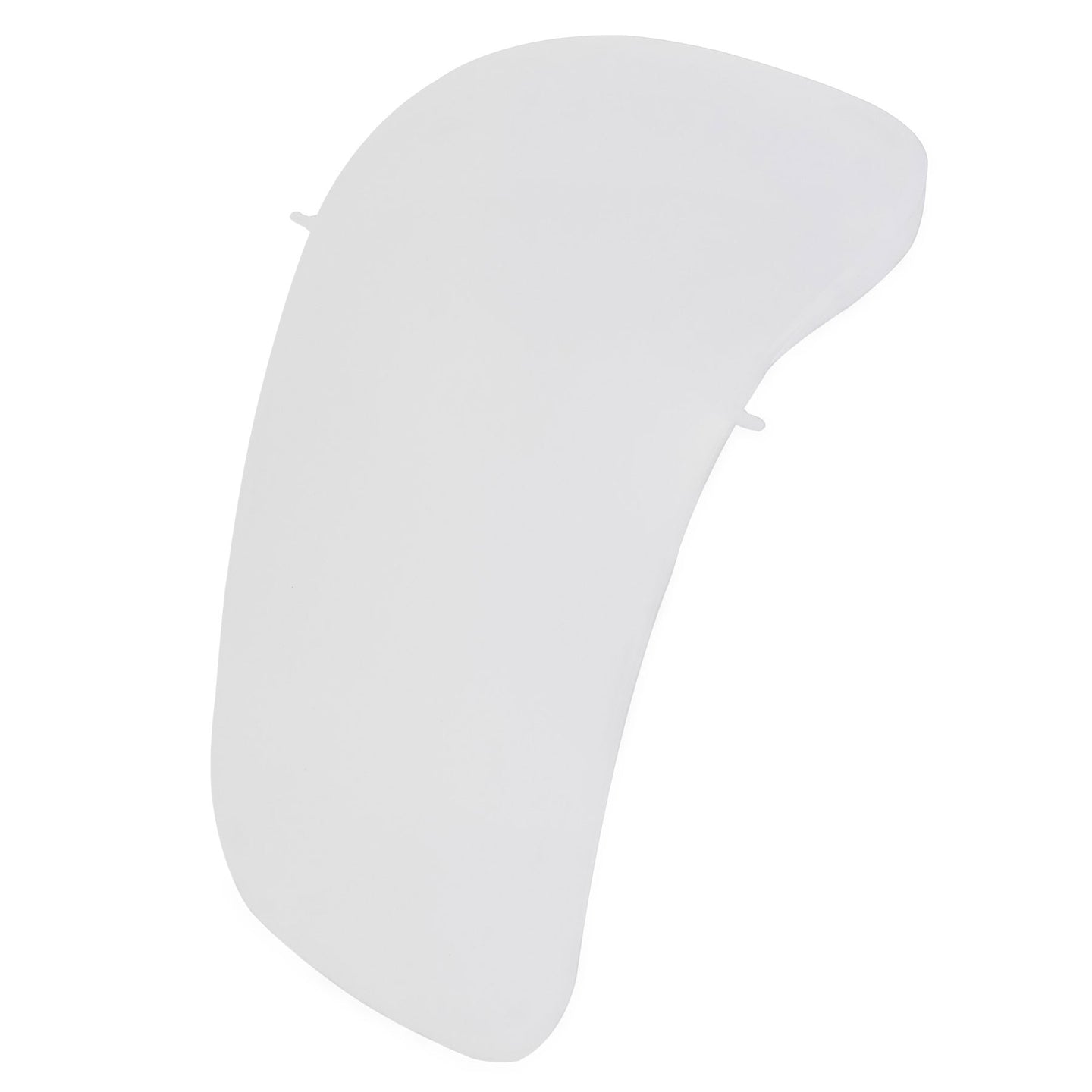 On a plain white background, a kidney-shaped white plastic object with smooth, rounded edges appears. Two small protrusions suggest its the Petmate Jumbo Hooded Litter Pan Replacement Door.