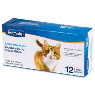 The packaging of Petmate Litter Box Liners, featuring an orange and white cat, shows theyre disposable plastic liners for large litter boxes. Each box contains 12 liners, with dimensions and multilingual text ensuring global accessibility.