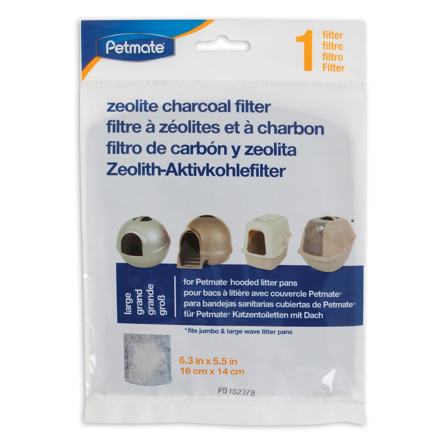 The Petmate Zeolite Filter for Large Hooded Litter Pans, shown in packaging with diverse litter pan images, measures 6.3 x 5.5 inches (16 x 14 cm), perfect for your cats needs.