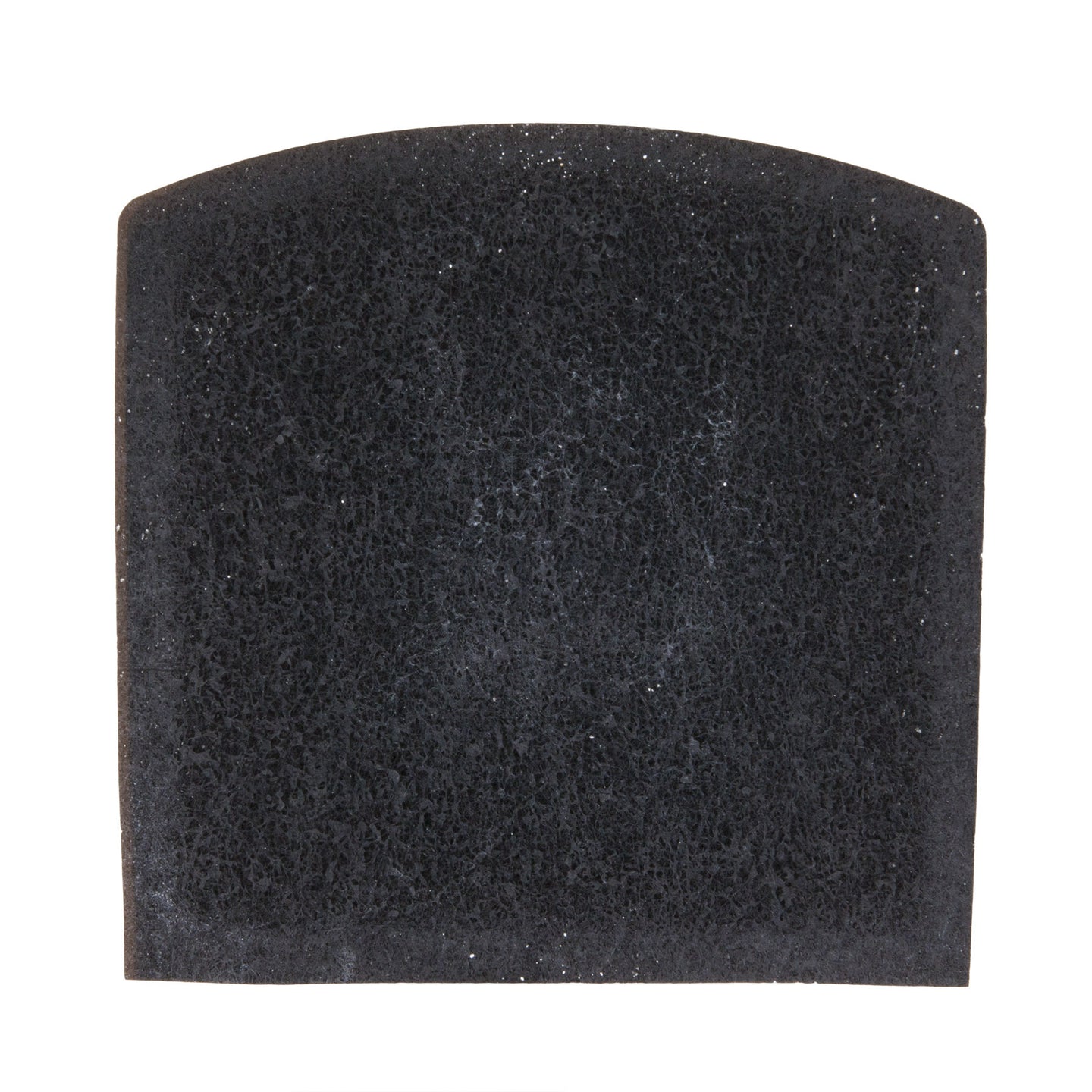A close-up of a black porous foam sponge, similar to the Petmate Zeolite Filter For Jumbo Hooded Litter Pans, shows tiny holes ideal for odor absorption. Its slightly curved top edge stands out against the plain white background, highlighting its Zeolite Charcoal-like texture.