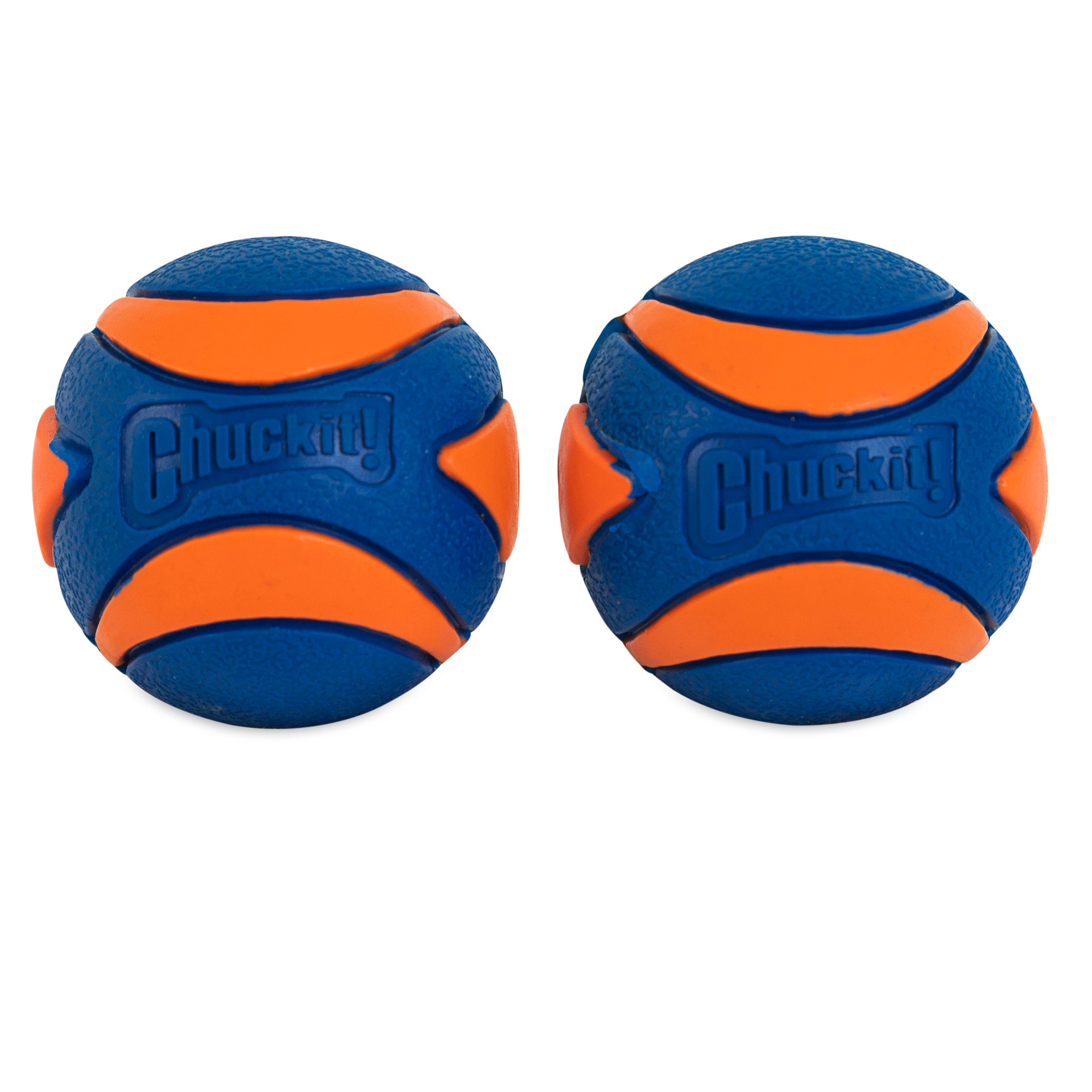 Two Chuckit! Ultra Squeaker Balls, featuring vibrant blue and orange curved stripes on durable rubber, sit side by side. Each ball has the Chuckit logo embossed, highlighting its buoyant design.