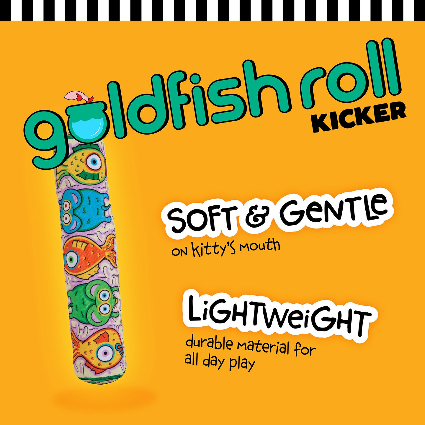A vibrant yellow backdrop showcases the FAT CAT Kitty Kickz Gold Fish Roll Cat Toy by Fatcat, adorned with colorful fish patterns. Soft & gentle on kittys mouth, its crafted from lightweight, durable material for all-day play and infused with organic catnip—perfect for your furry friend.