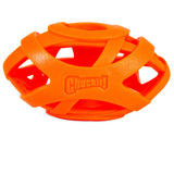 The Chuckit! Air Fetch Football Dog Toy by Chuckit is an orange, spherical toy with an open lattice design and Chuckit! embossed on its side. Made from durable rubber, it features a hollow center for endless fetch games.