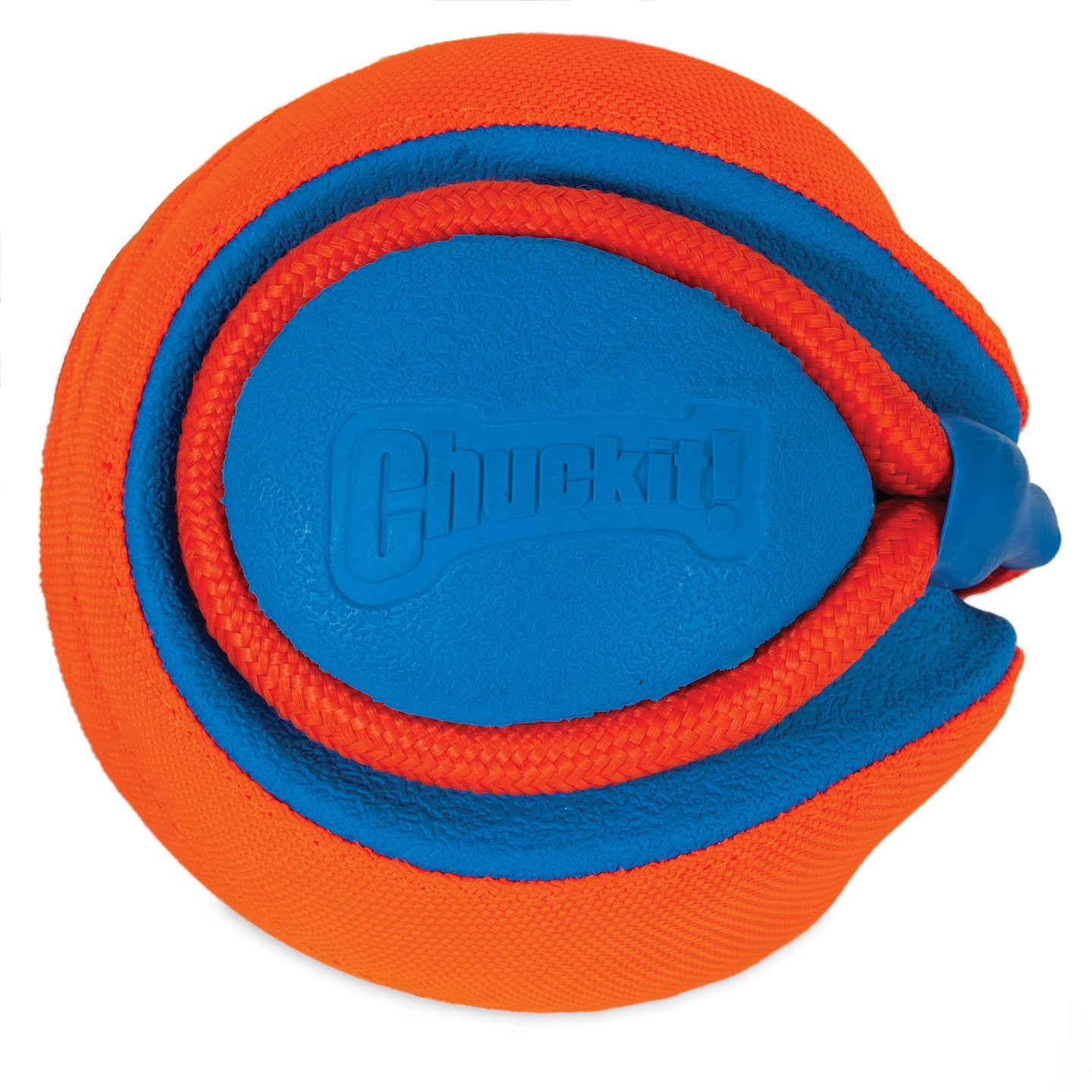 The Chuckit! Rope Fetch Dog Toy, from Chuckit, is a vibrant round toy with an orange and blue overlapping design. It has a textured surface and Chuckit! embossed at the center, making it perfect for lively games of fetch.