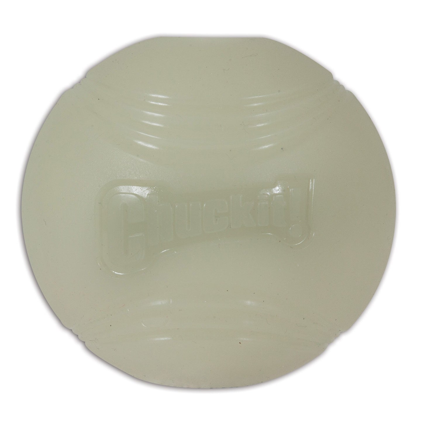 A circular frisbee with Chuckit! embossed on it features horizontal grooves and a glossy surface. Made from translucent material, it glows brightly like the Chuckit Max Glow Fetch Ball, extending playtime into the dark.