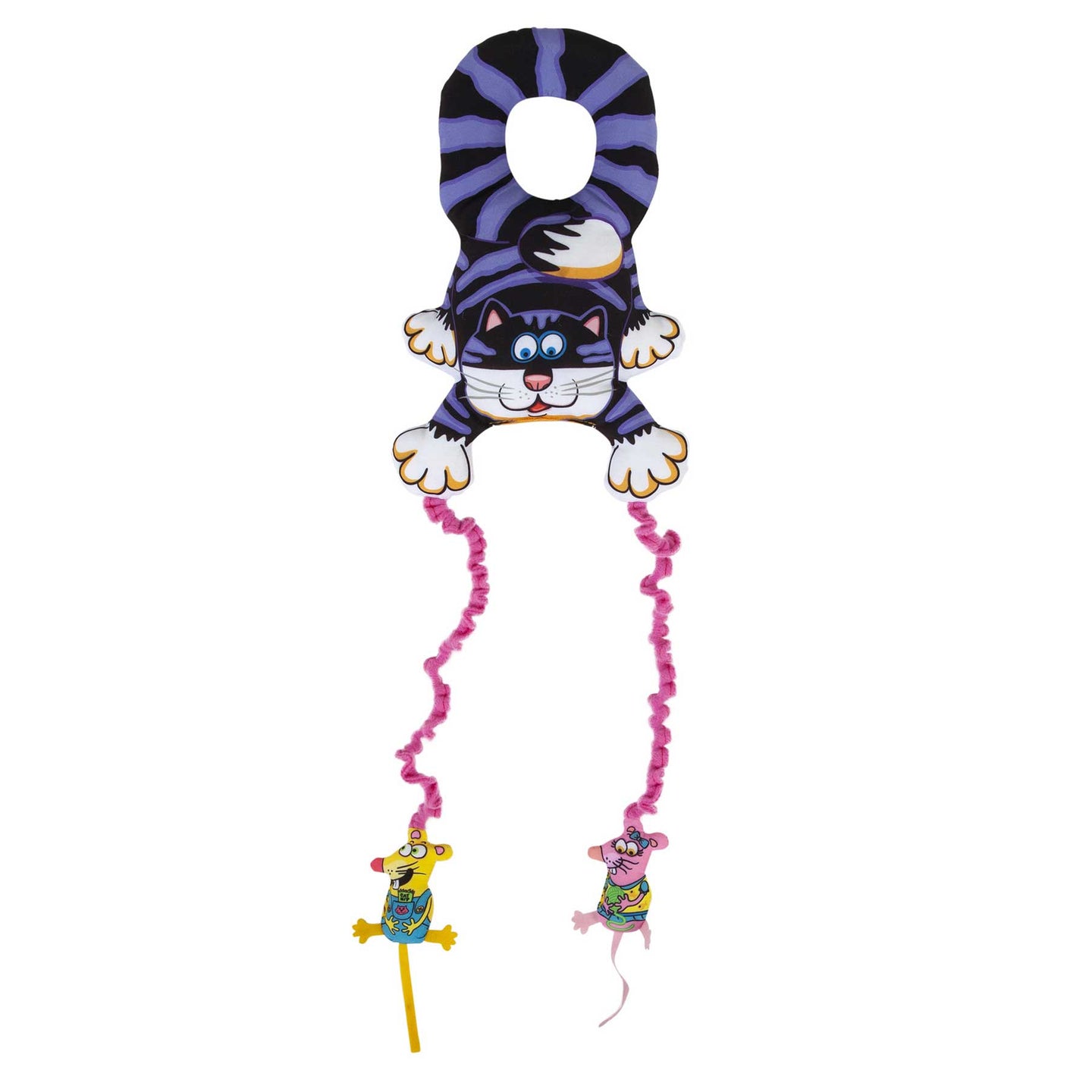 The FAT CAT Mouse Bouncer Doorknob Hanger Cat Toy by Fatcat is a colorful, cat-themed windsock with wavy pink tails ending in cartoon mice. It doubles as a catnip-filled outdoor toy, perfect for your feline friend to bounce and chase.