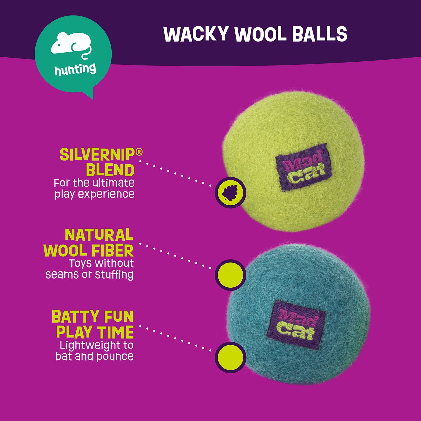 A promotional image for Mad Cat Wacky Wool Balls shows two wool balls (green and blue), each with a Mad Cat label. The text highlights features like Silvernip Blend, Natural Wool Fiber, and Batty Fun Play Time enriched with Silvervine for extra feline enjoyment.