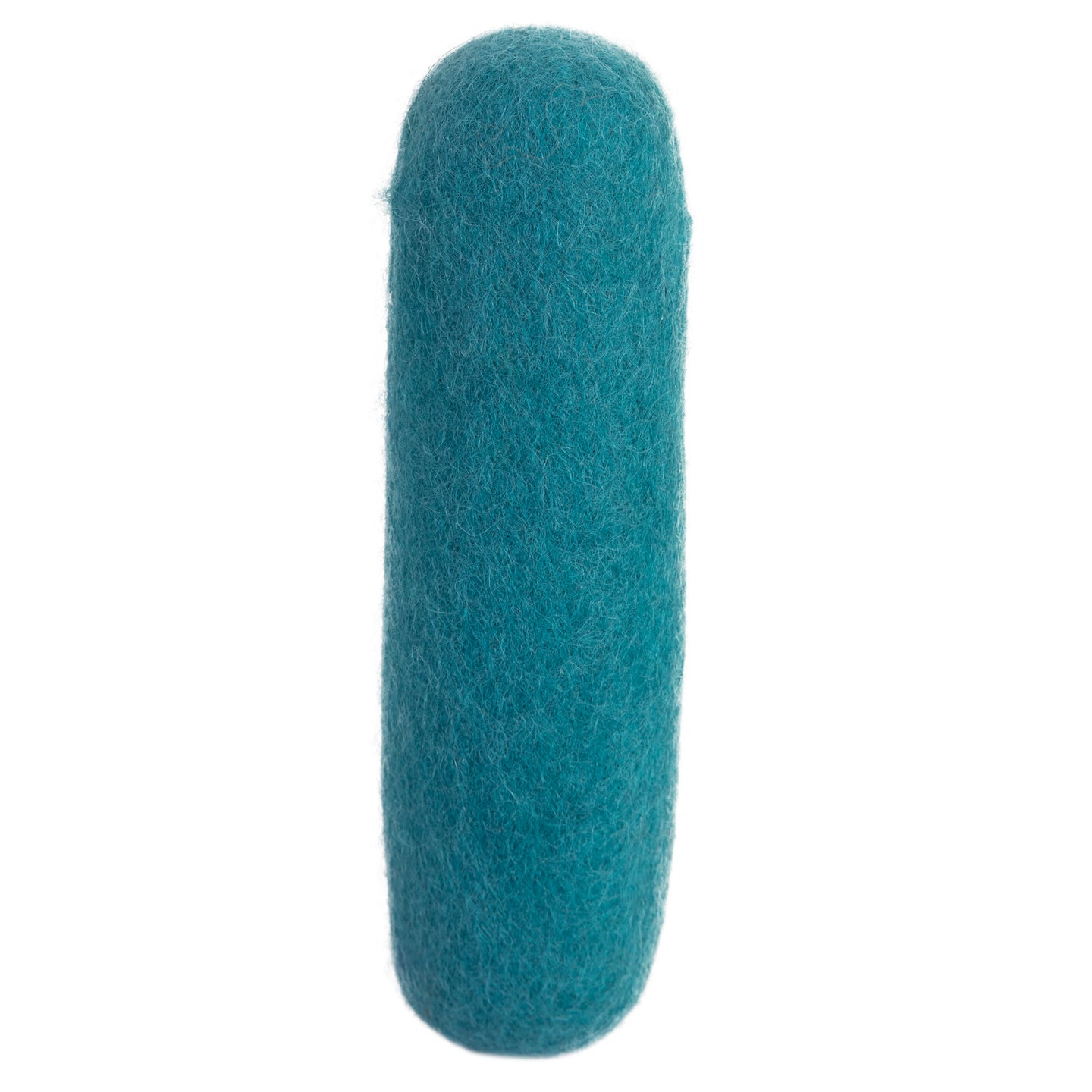 The Mad Cat Wacky Wool Crinkle Kicker is a teal, cylindrical cat toy made from natural wool. Infused with catnip silvervine, this product stands upright against a white background with a smooth and simple texture.