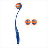 The Petmate Chuckit! Sport 18M Launcher with Ultra Ball Medium 3 Pack features a blue launcher holding an orange and blue fetch ball, plus two matching balls, all shown on a white background.