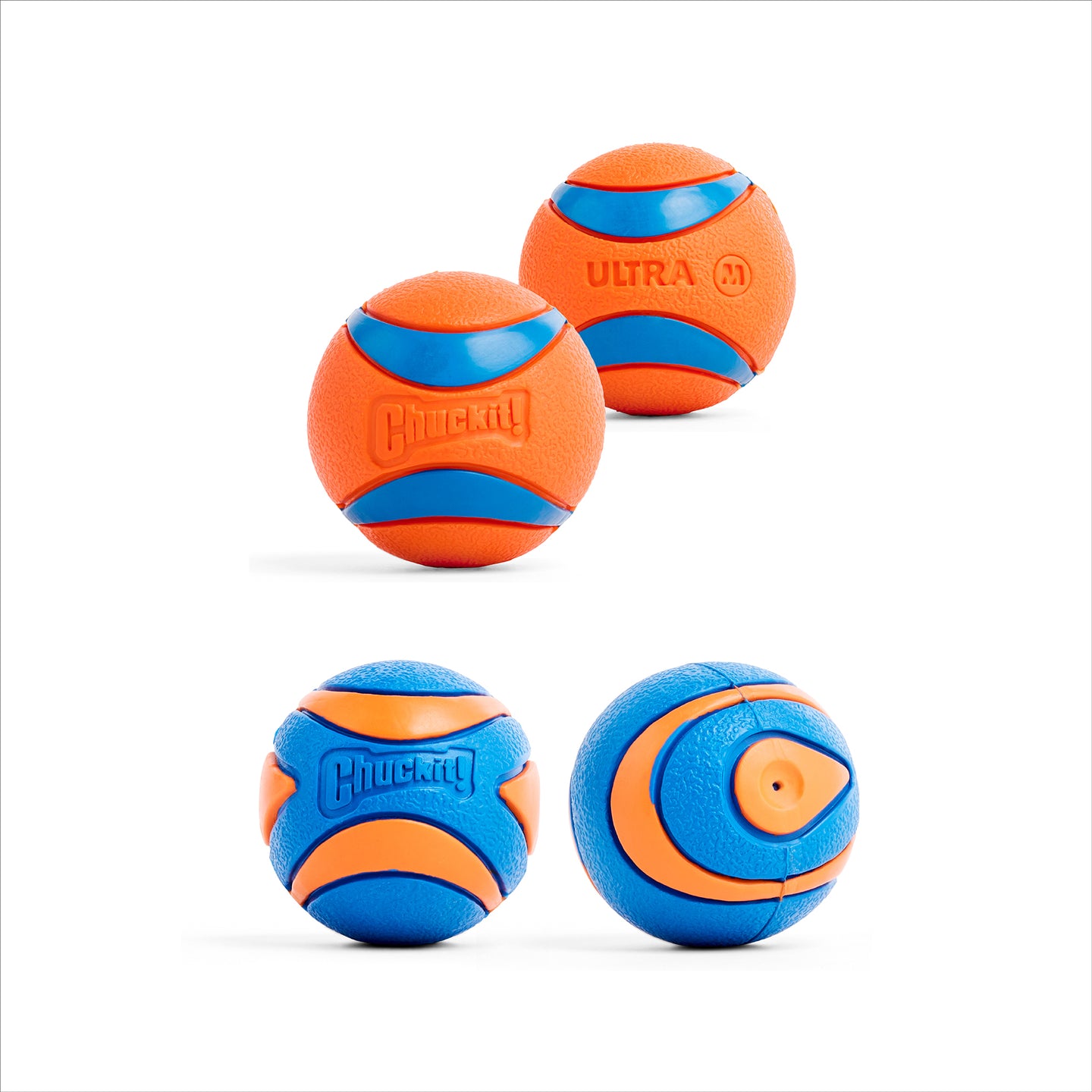The Petmate Chuckit! Ultra Ball & Ultra Squeaker Medium Assorted 4 Pack includes four orange and blue rubber fetch balls with textured surfaces, unique patterns, and the “Chuckit!” logo, shown on a white background.