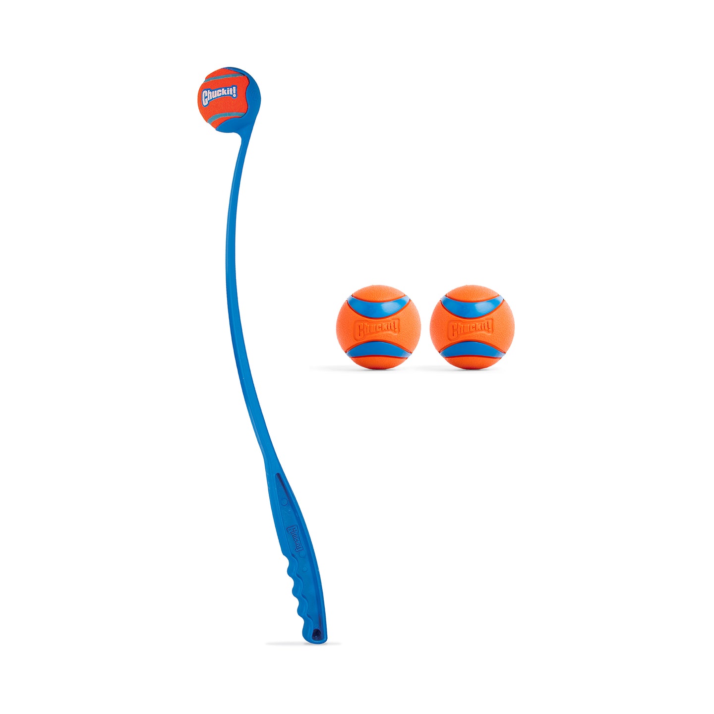 The Petmate Chuckit! Classic 26M Launcher with Ultra Ball Medium 3 Pack features a blue plastic launcher and three orange-and-blue balls—an ideal fetch toy set for dogs, shown on a white background.