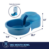 Discover the Petmate Big Blue Bowl by Petmate, perfect for outdoor pet hydration. Measuring 20.7 L x 11.9 W x 6.1 H, it holds up to 115 oz., ideal for large or multiple pets, and includes a bottle slot (bottle not included).
