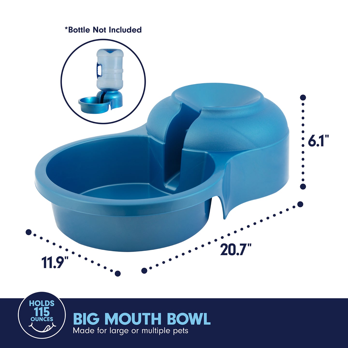 Discover the Petmate Big Blue Bowl by Petmate, perfect for outdoor pet hydration. Measuring 20.7 L x 11.9 W x 6.1 H, it holds up to 115 oz., ideal for large or multiple pets, and includes a bottle slot (bottle not included).
