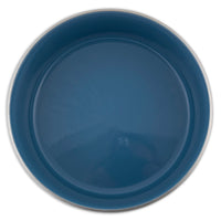 The Petmate Painted Stainless Steel Pet Bowl features a round, deep blue design with a smooth, glossy surface viewed from above against a white background, offering durability akin to rust-resistant materials.