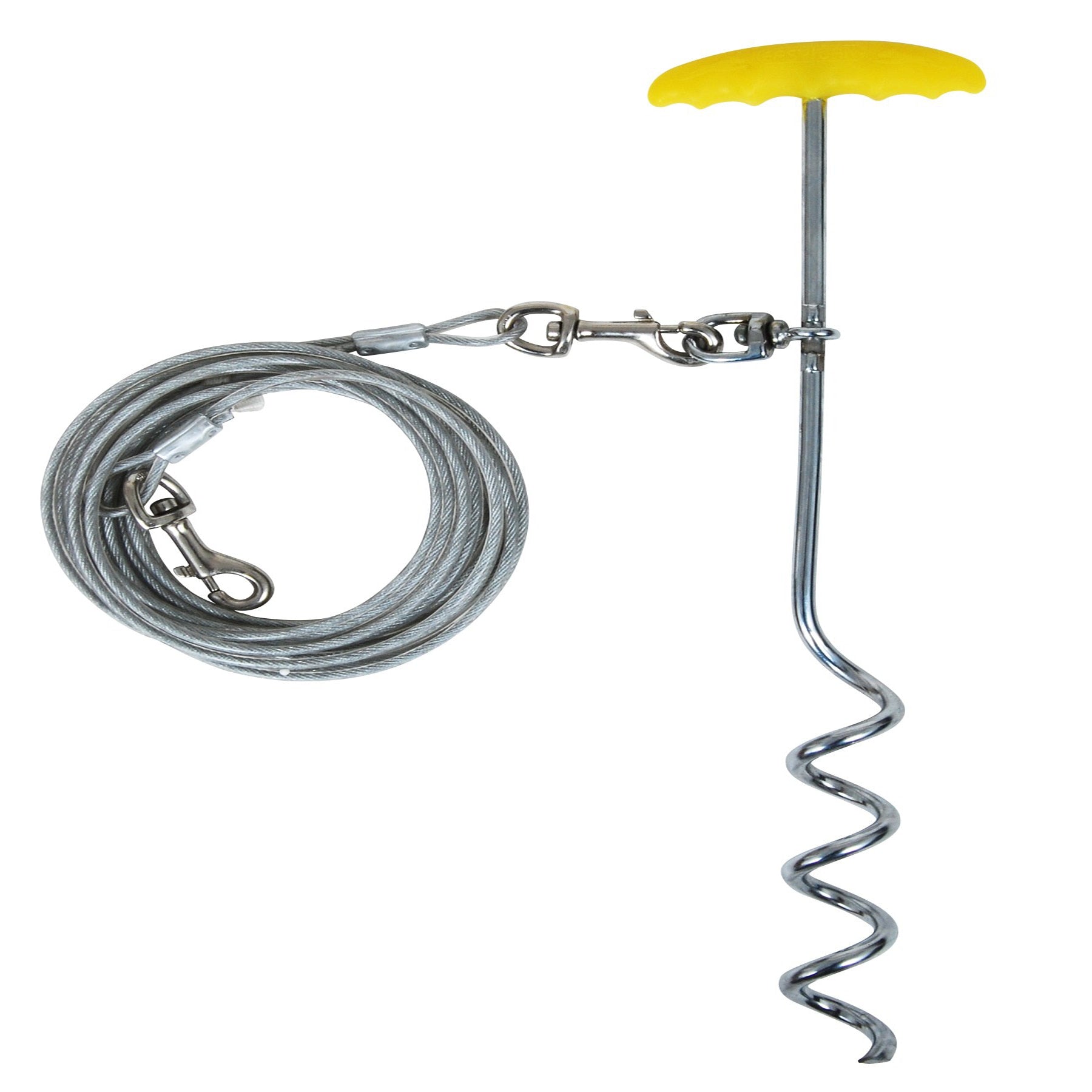 Aspen Pets Yellow EasyTurn Stake with a 20 ft. cable tie-out features an easy-to-install stake, coiled steel cable, and clip to offer your pet ultimate freedom while ensuring they remain secure.
