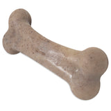 The BarkBone Natural Instincts Bacon-Infused Nylon Dog Chew, by Barkbone Natural Instincts, is a durable beige bone-shaped toy with rounded ends and a textured, bacon-scented surface that entices pets.