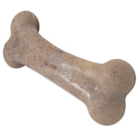 The BarkBone Natural Instincts Bacon-Infused Nylon Dog Chew, by Barkbone Natural Instincts, is a durable beige bone-shaped toy with rounded ends and a textured, bacon-scented surface that entices pets.