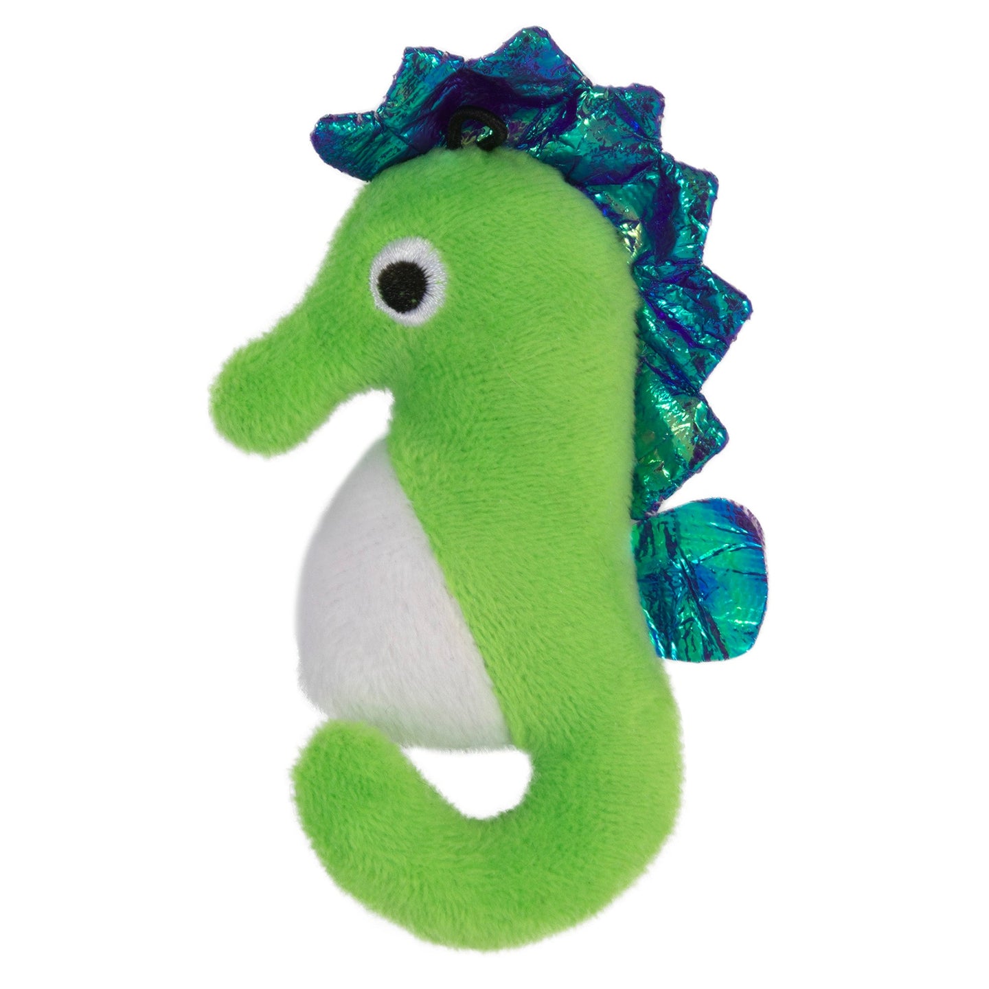 The Mad Cat Sea Horse LED Cat Toy is perfect for sensory engagement with its soft, green texture and white belly, dazzling blue and green crest and fin, round black-on-white eyes, a curved tail, and hidden LED lights. Ideal for captivating both kids and collectors.