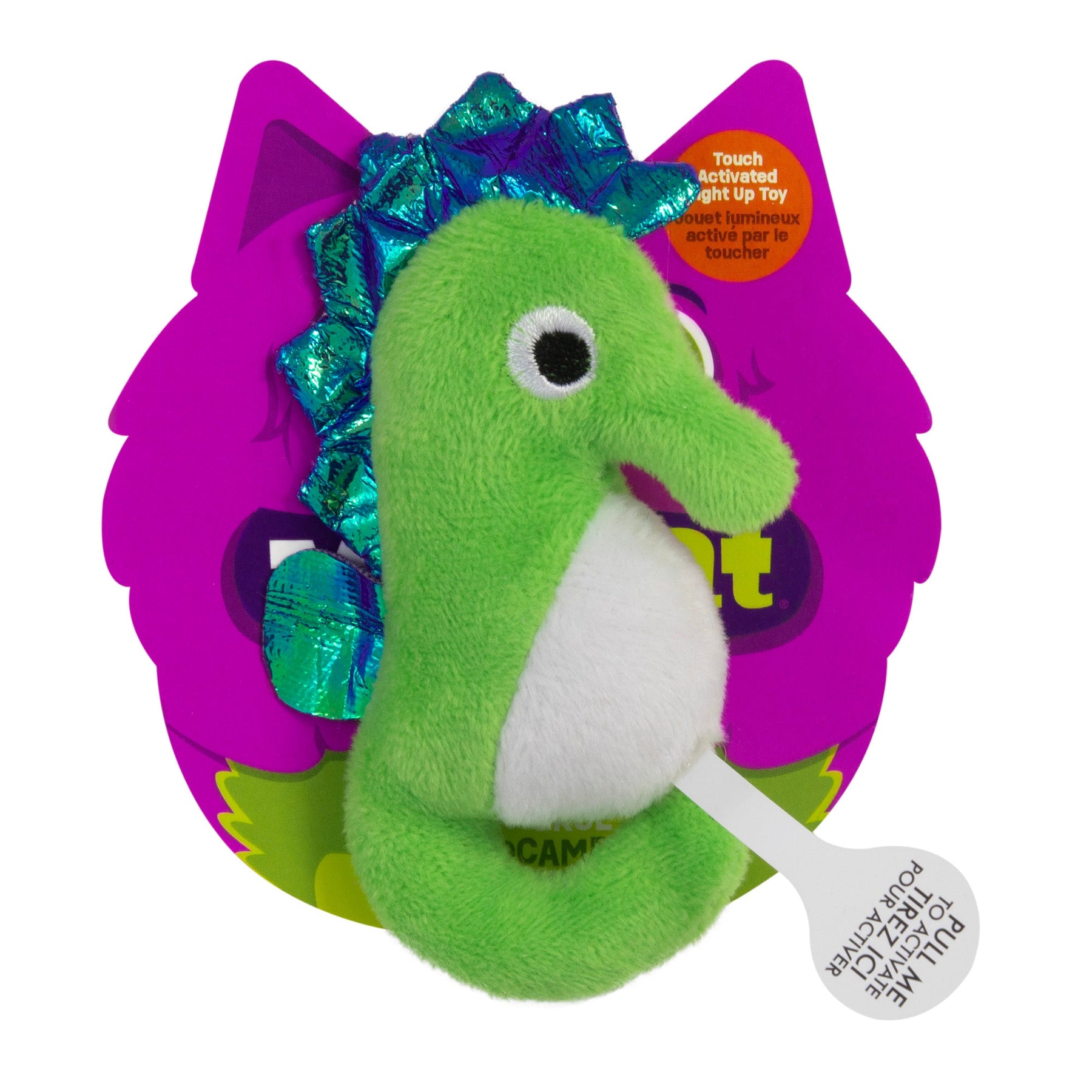 The Mad Cat Sea Horse LED Cat Toy, by Mad Cat, is a plush green seahorse with blue-green scales and a white belly. It comes in vibrant purple and pink packaging labeled Touch Activated Light Up Toy, ideal for sensory engagement, with a visible pull-tab at the bottom for activation.