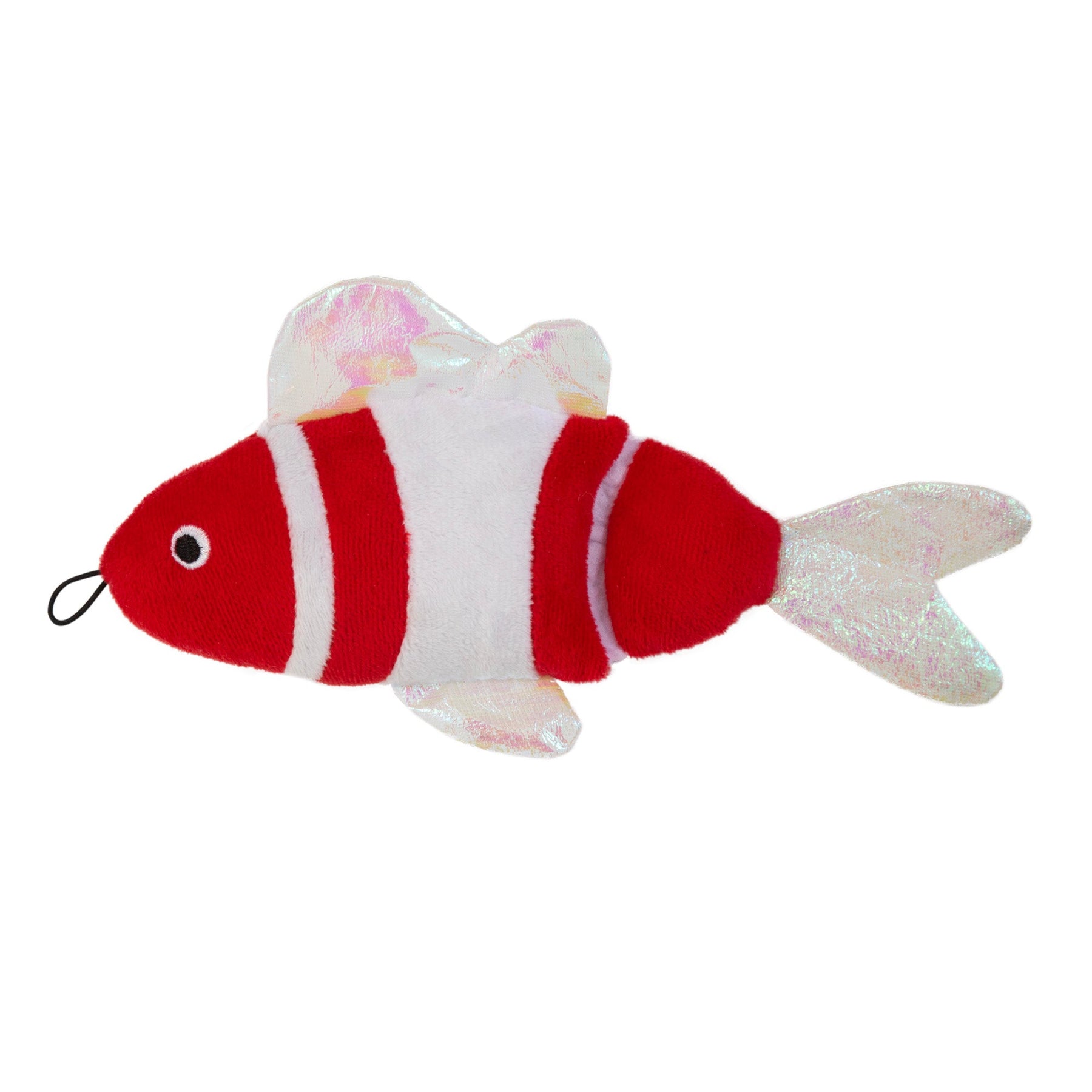 Introducing the Mad Cat Bright Fish Kicker Cat Toy: A plush fish-shaped plaything with a red and white striped body, iridescent fins, catnip, and silvervine. It features a small black eye and a handy string loop near its mouth for endless feline entertainment.
