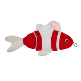 The Mad Cat Bright Fish Kicker Cat Toy is a plush fish with red and white stripes, shiny iridescent fins, and tail. It features a nose loop and is infused with catnip and silvervine to delight your feline.