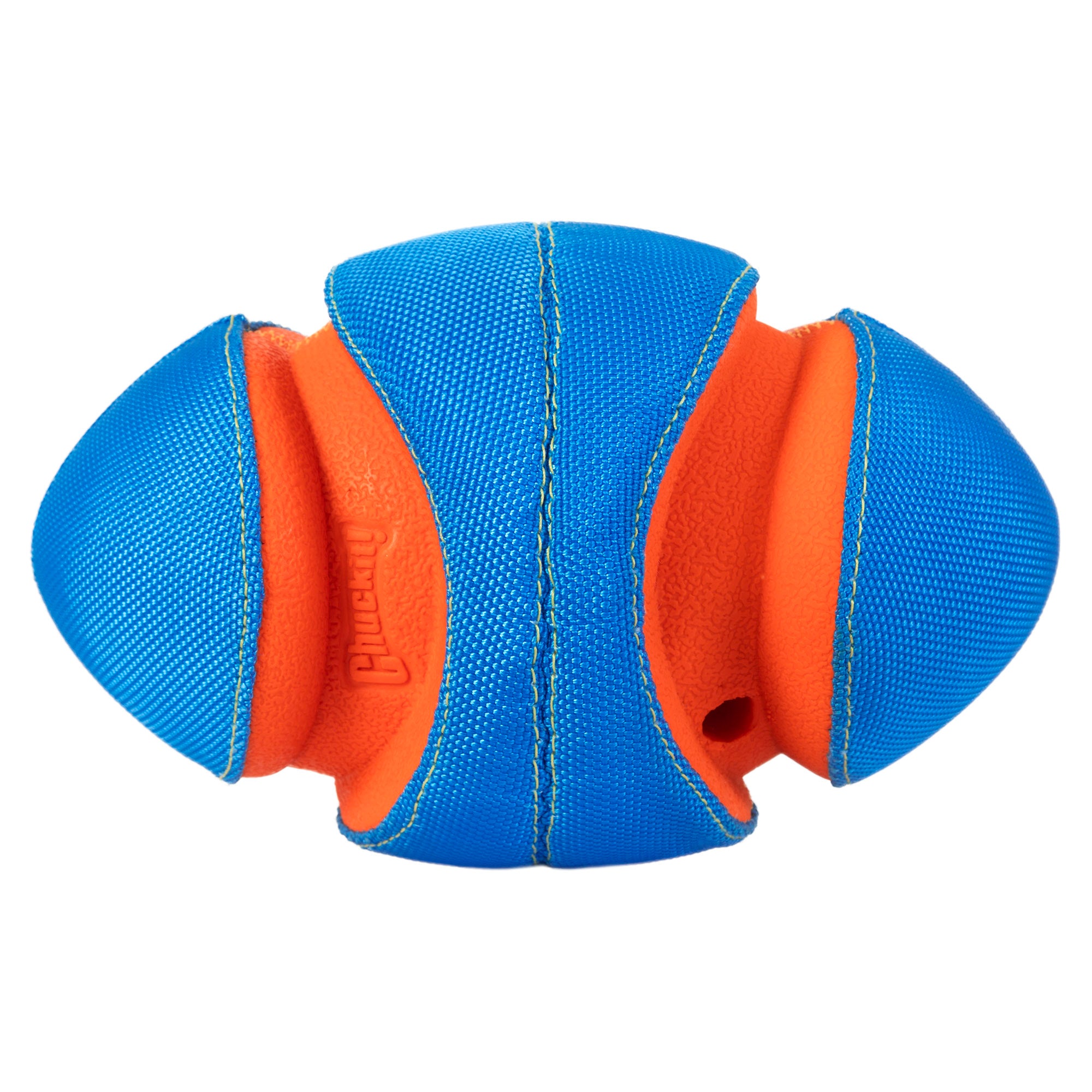 The Chuckit! Giggle Fumble Fetch by Chuckit is a blue and orange rubber dog toy shaped like a football. Its durable rubber bite zones, pointed ends, and textured surface ensure an easy grip, making it ideal for interactive play.