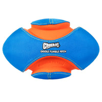 This durable Chuckit! Giggle Fumble Fetch dog toy is blue and orange with a rounded shape, featuring textured blue sides and a smooth orange center. It includes a giggle sound for engaging play.