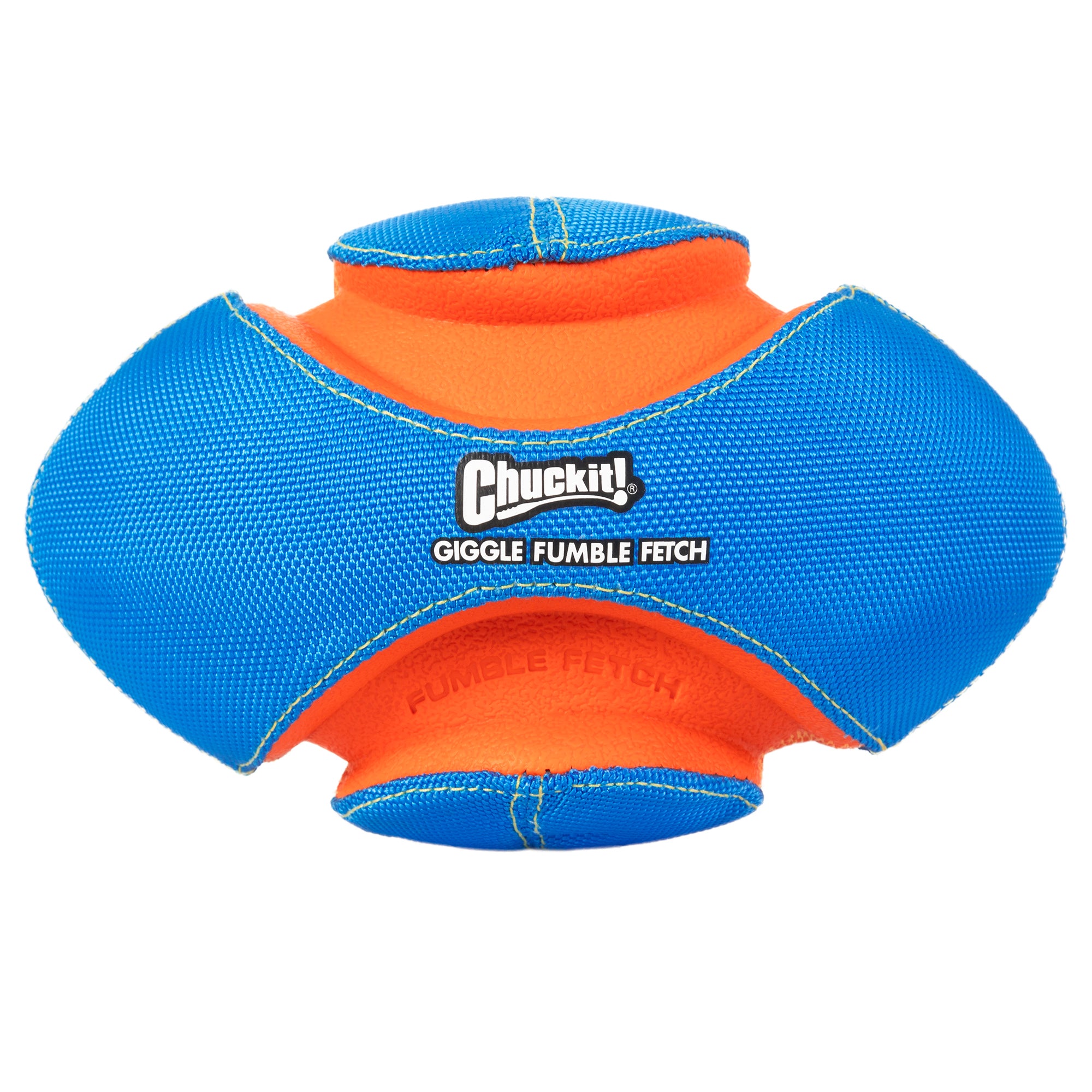 This durable Chuckit! Giggle Fumble Fetch dog toy is blue and orange with a rounded shape, featuring textured blue sides and a smooth orange center. It includes a giggle sound for engaging play.
