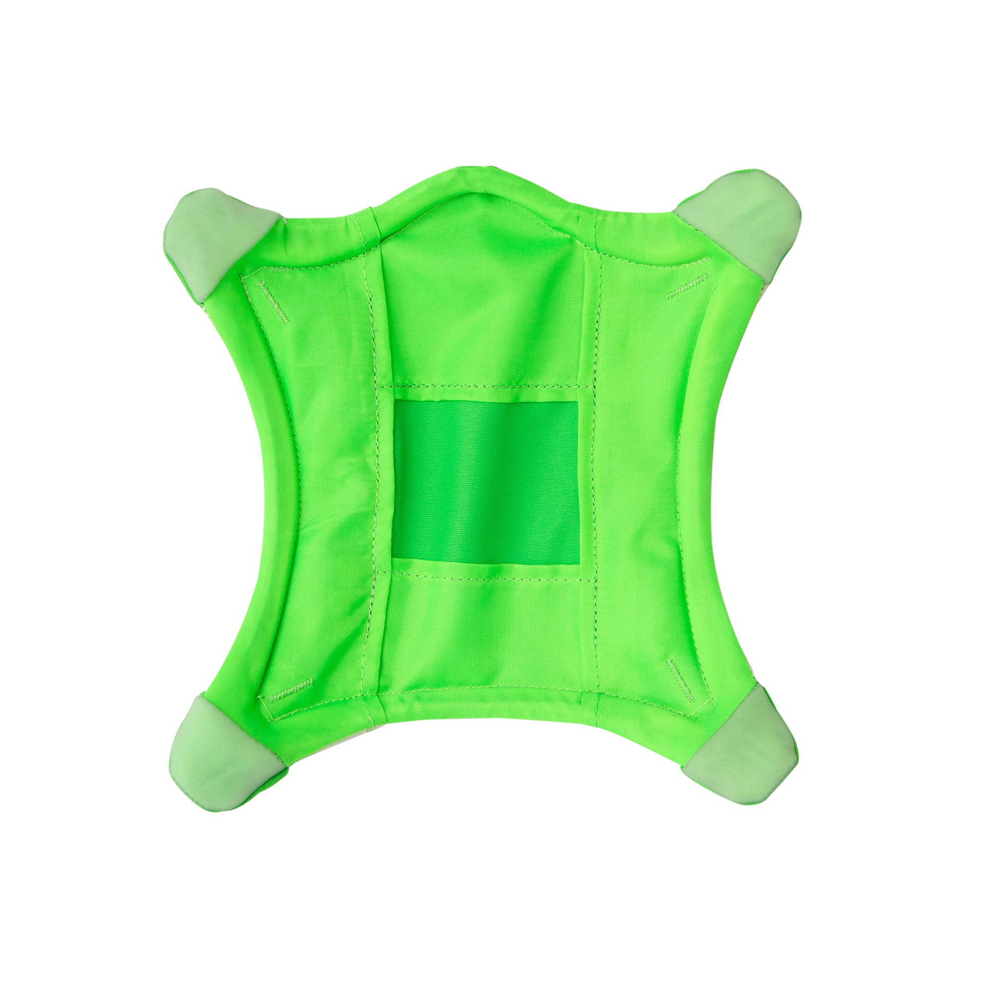 Meet the Chuckit! Max Glow Flying Fetch Squirrel from Chuckit—a luminous green, squirrel-shaped toy with rounded corners and slightly raised edges. The light green padded corners contrast with a dark green center cutout, making it an exciting glow-in-the-dark toy for your furry friend.