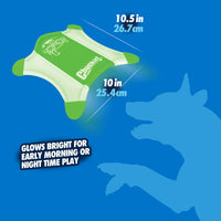 The Chuckit! Max Glow Flying Fetch Squirrel, a green and white robot-themed toy from Chuckit, is shown on a blue backdrop. Resembling a flying squirrel, it measures 10 wide by 10.5 tall. A dogs shadow reaches for this glow-in-the-dark toy, ideal for early morning or nighttime play.