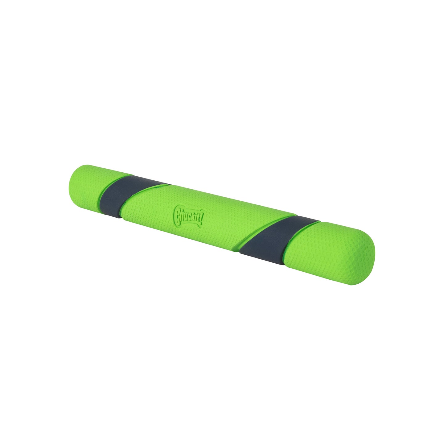 The Chuckit! Sniff Fetch Stick Dog Toy is a bright green cylindrical case with a ribbed texture and black accents, emitting a subtle peanut butter scent. The word Chuckit is embossed on one side, adding sophistication.