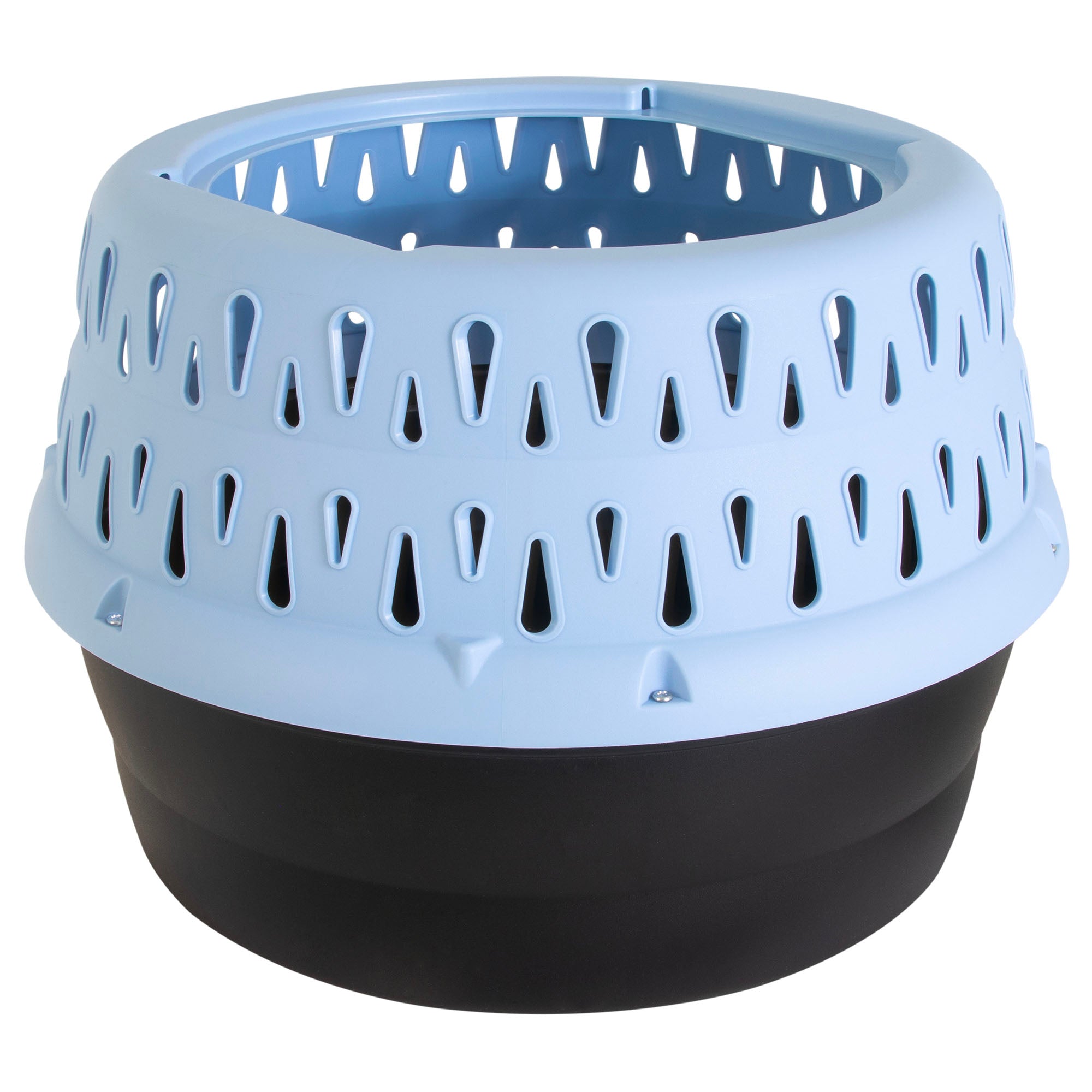 The Petmate Get-A-Round E-Z Load Kennel For Cats provides a secure, comfy space with a round plastic design, black base, and light blue ventilated top featuring triangular cutouts attached with screws.