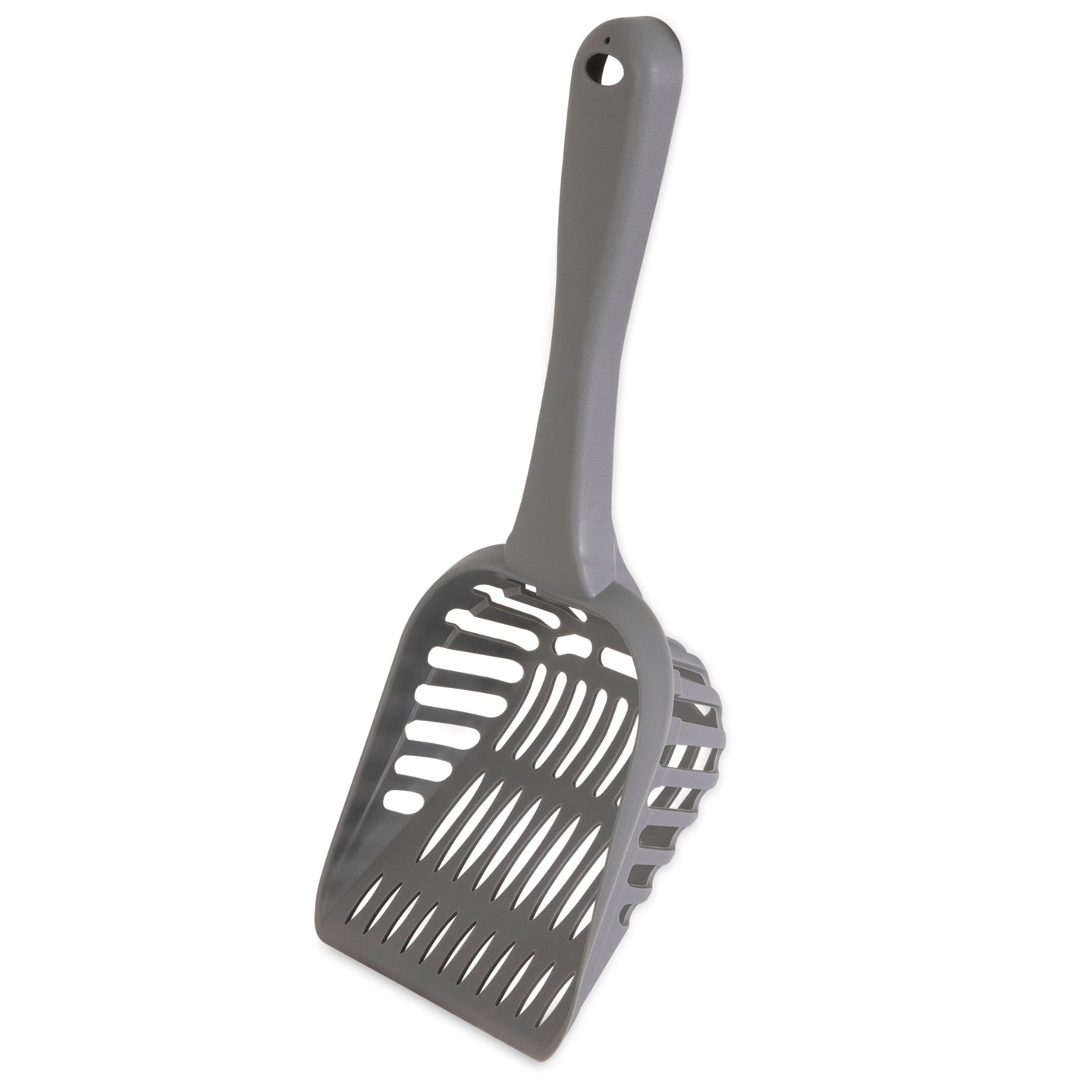 The Arm & Hammer Jumbo Litter Scoop, crafted from gray plastic, has a long handle and slotted design for easy sifting. With antimicrobial protection, its ideal for keeping your pets area clean and hygienic.
