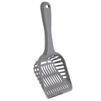 The Arm & Hammer Jumbo Litter Scoop, made from gray plastic, features a long handle and an efficient slotted design for sifting and comes with antimicrobial protection for enhanced hygiene.