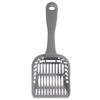 The Arm & Hammer Jumbo Litter Scoop by Arm And Hammer has a gray plastic body, long handle, and efficient slotted design for easy sifting.