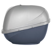 The Petmate Basic Hooded Cat Litter Pan features a sleek oval design with a grey bottom and light grey top. This modern litter pan includes an odor-absorbing filter and hinged top for easy cleaning, ensuring your space stays fresh. From the renowned brand Petmate.