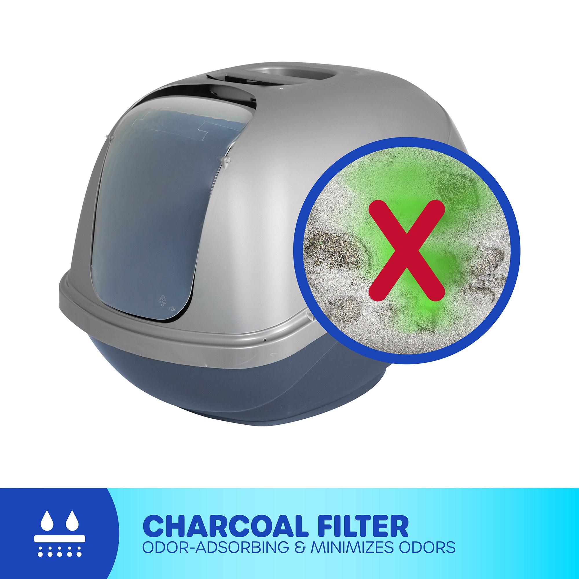 The Petmate Basic Hooded Cat Litter Pan by Petmate, in gray and dome-shaped, features an odor-absorbing charcoal filter. A nearby image displays a red-crossed green cloud symbolizing odor elimination. Below is a blue banner stating, Charcoal Filter: Odor-Absorbing & Minimizes Odors.