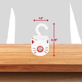 The Arm & Hammer Purrifying Pak Cat Litter Deodorizer, a white cat-shaped deodorizer with hook, sits on wood. Red arrows show it's 1.4" wide and 4.25" tall. Provides baking soda-powered litter odor protection. Gray and white background.