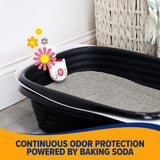 An Arm And Hammer Purrifying Pak Cat Litter Deodorizer sits in a black litter box filled with gray litter beside a woven basket. The cat-shaped air freshener features colorful flowers and offers continuous odor protection powered by baking soda.