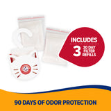 The Arm & Hammer Purrifying Pak Cat Litter Deodorizer features a white cat-shaped holder, two filter refills, and includes 3 30-day filter refills for up to 90 days of litter box odor protection with trusted Arm And Hammer baking soda.