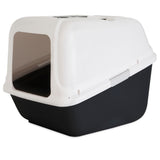The Arm & Hammer Large Hooded Litter Pan by Arm And Hammer is a rectangular black and white covered litter box. It has a big entrance, removable top for cleaning, a vent or handle on the top, and includes antimicrobial protection to maintain freshness.