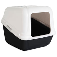 The Arm & Hammer Large Hooded Litter Pan by Arm And Hammer is a black and white rectangular box with an open entry, featuring a white top, black base for pet privacy, and a carbon filter to neutralize odors.